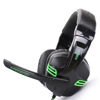 Gaming headset with built-in subwoofer and microphone, designed for immersive audio and clear communication.